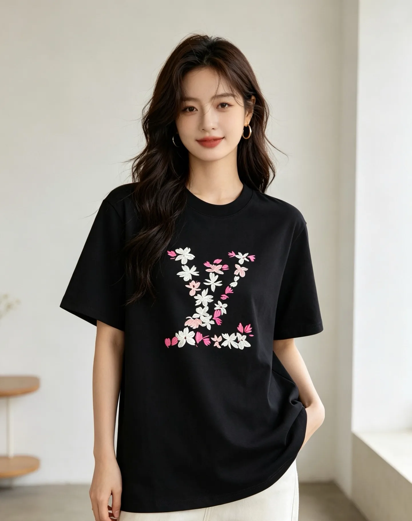 Louis Vuitton/Louis Vuitton 26ss cherry blossom embroidered LV logo short sleeves